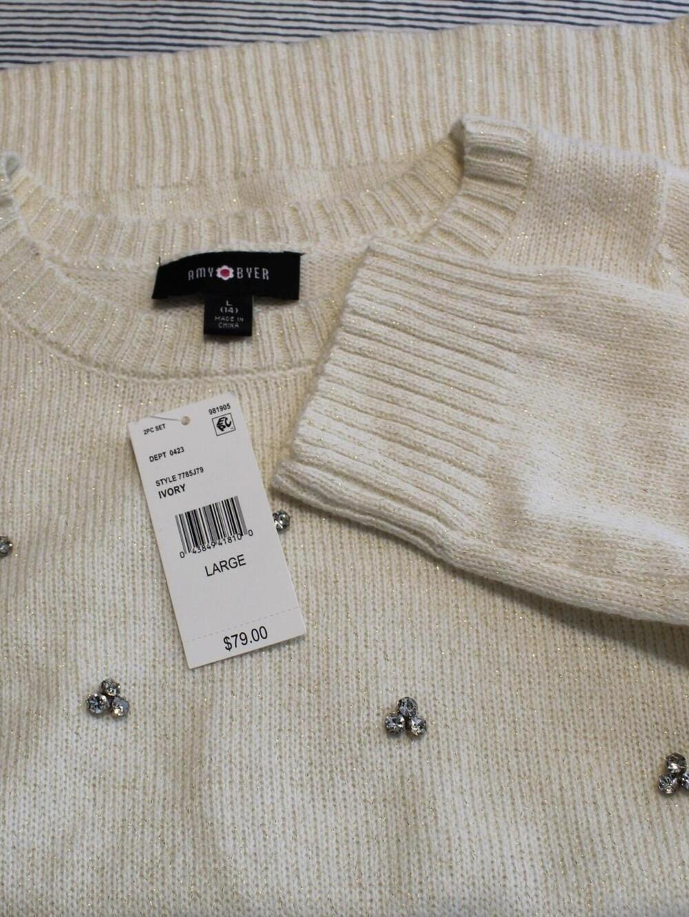 NEW Amy Byer Large Ivory Cotton Blend Rhinestone Sparkle Knit Sweater Dress